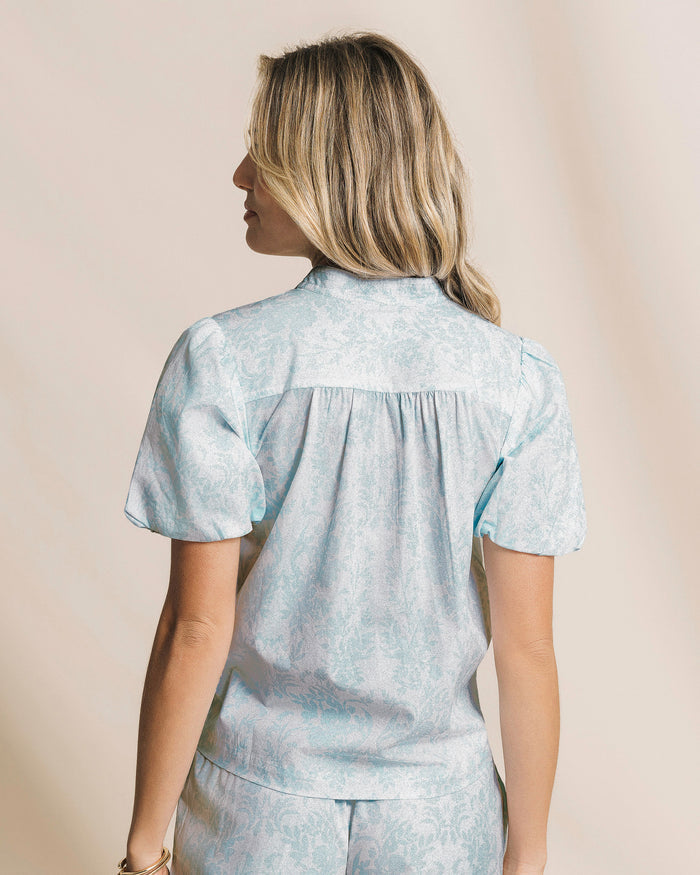 The back view of the Southern Tide Cassia Bubble Sleeve Top by Southern Tide - Dewdrop Blue