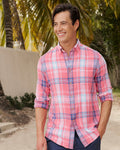 The lifestyle view of the Southern Tide Cedar Island Plaid Linen Rayon Sport Shirt by Southern Tide - Island Pink