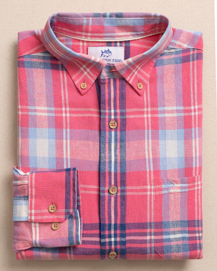 The front view of the Southern Tide Cedar Island Plaid Linen Rayon Sport Shirt by Southern Tide - Island Pink