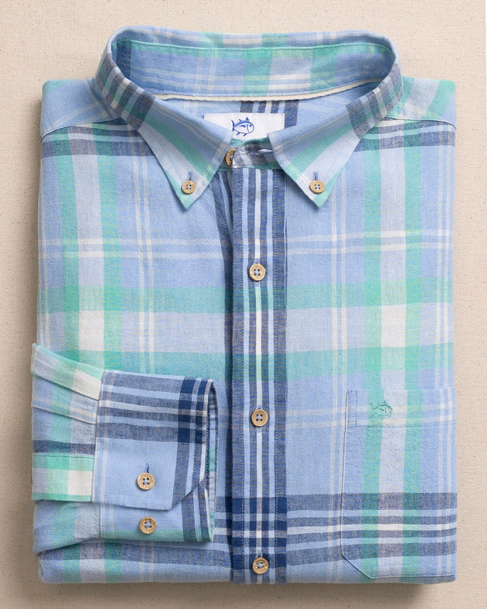The front view of the Southern Tide Cedar Island Plaid Linen Rayon Sport Shirt by Southern Tide - Tide Blue