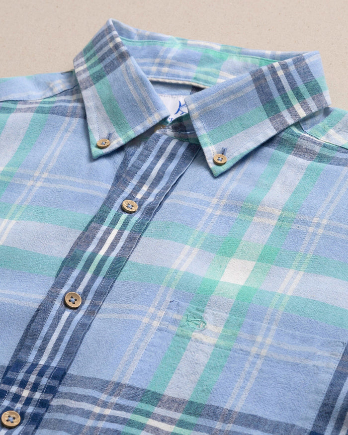 The detail view of the Southern Tide Cedar Island Plaid Linen Rayon Sport Shirt by Southern Tide - Tide Blue