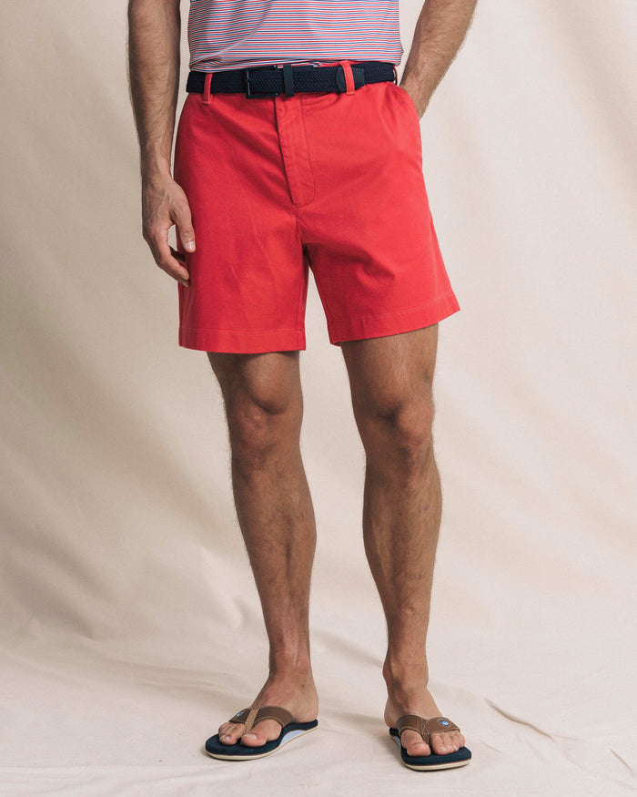 The front view of the Southern Tide Channel Marker 7" Stretch Chino Short by Southern Tide - Claret Red