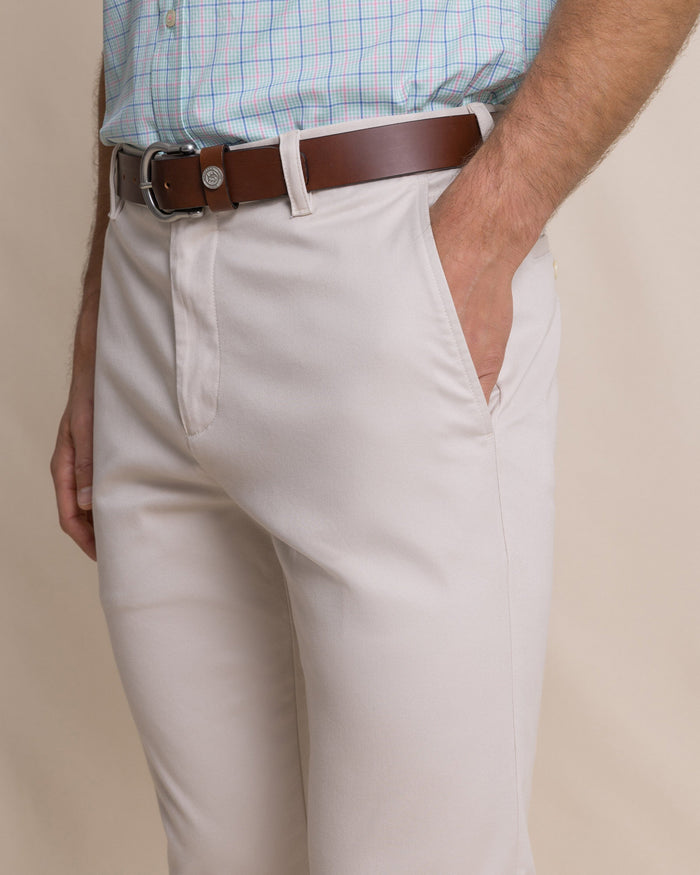 The detail view of the Southern Tide Channel Marker Stretch Chino Pant by Southern Tide - Stone