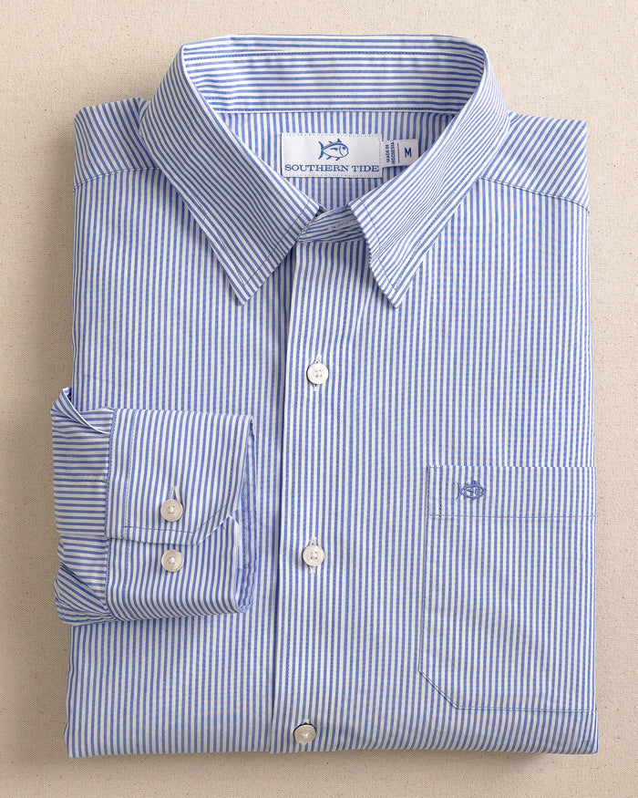 The front view of the Southern Tide Charleston Granby Stripe Embroidered Sport Shirt by Southern Tide - Cobalt Blue