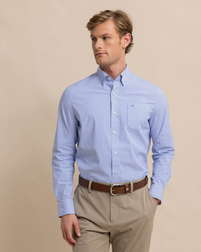 The front view of the Southern Tide Charleston Granby Stripe Embroidered Sport Shirt by Southern Tide - Cobalt Blue