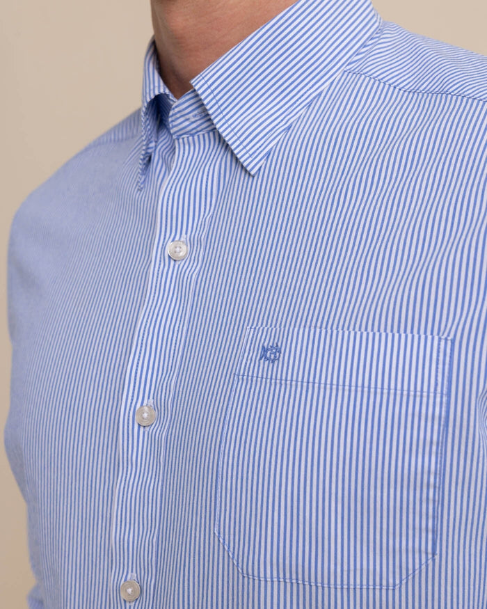 The detail view of the Southern Tide Charleston Granby Stripe Embroidered Sport Shirt by Southern Tide - Cobalt Blue