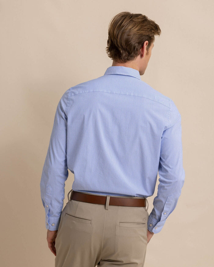 The back view of the Southern Tide Charleston Granby Stripe Embroidered Sport Shirt by Southern Tide - Cobalt Blue