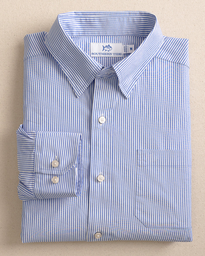 The front view of the Southern Tide Charleston Granby Stripe Long Sleeve Sport Shirt by Southern Tide - Cobalt Blue