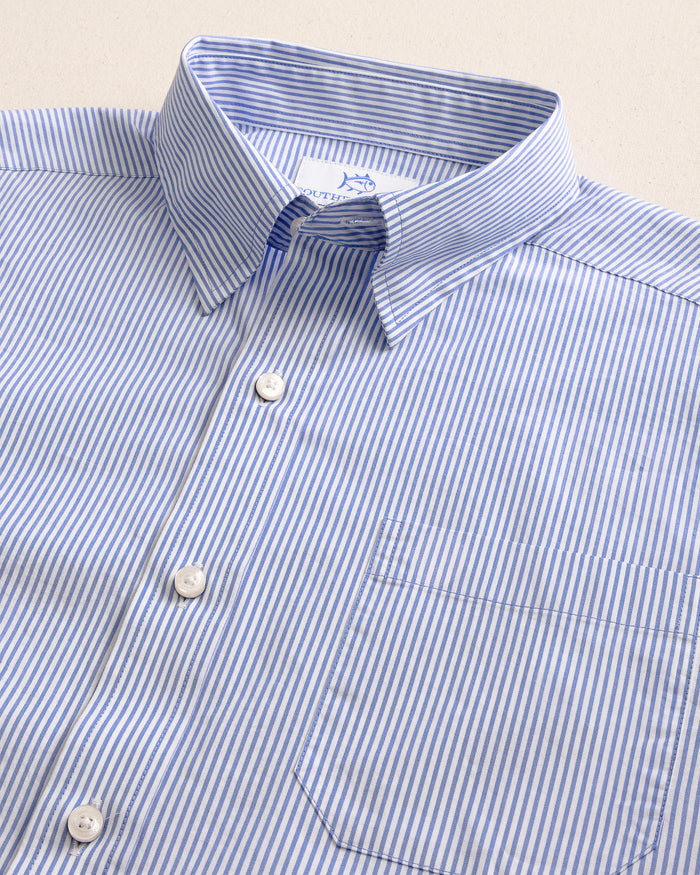 The detail view of the Southern Tide Charleston Granby Stripe Long Sleeve Sport Shirt by Southern Tide - Cobalt Blue