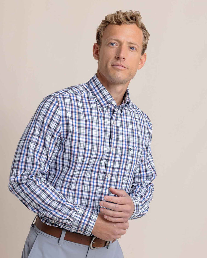 The side view of the Southern Tide Charleston Master Plaid Long Sleeve Sport Shirt by Southern Tide - Blue Lolite