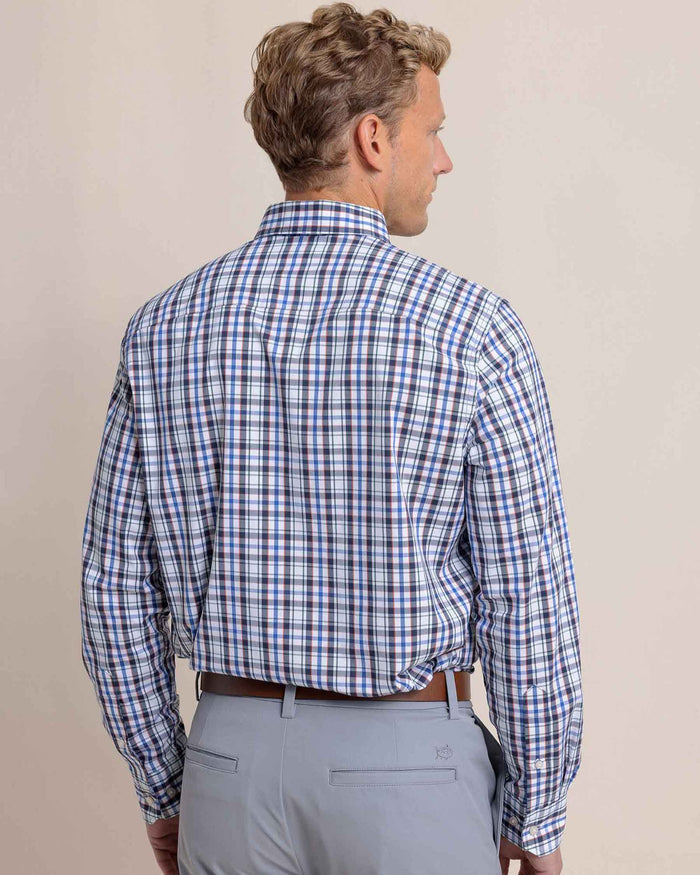 The back view of the Southern Tide Charleston Master Plaid Long Sleeve Sport Shirt by Southern Tide - Blue Lolite