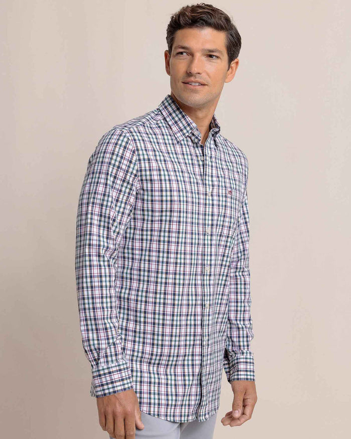 The side view of the Southern Tide Charleston Master Plaid Long Sleeve Sport Shirt by Southern Tide - Forest Biome