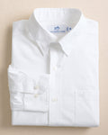 The front view of the Southern Tide Charleston Overbrook Solid Embroidered Sport Shirt by Southern Tide - Classic White