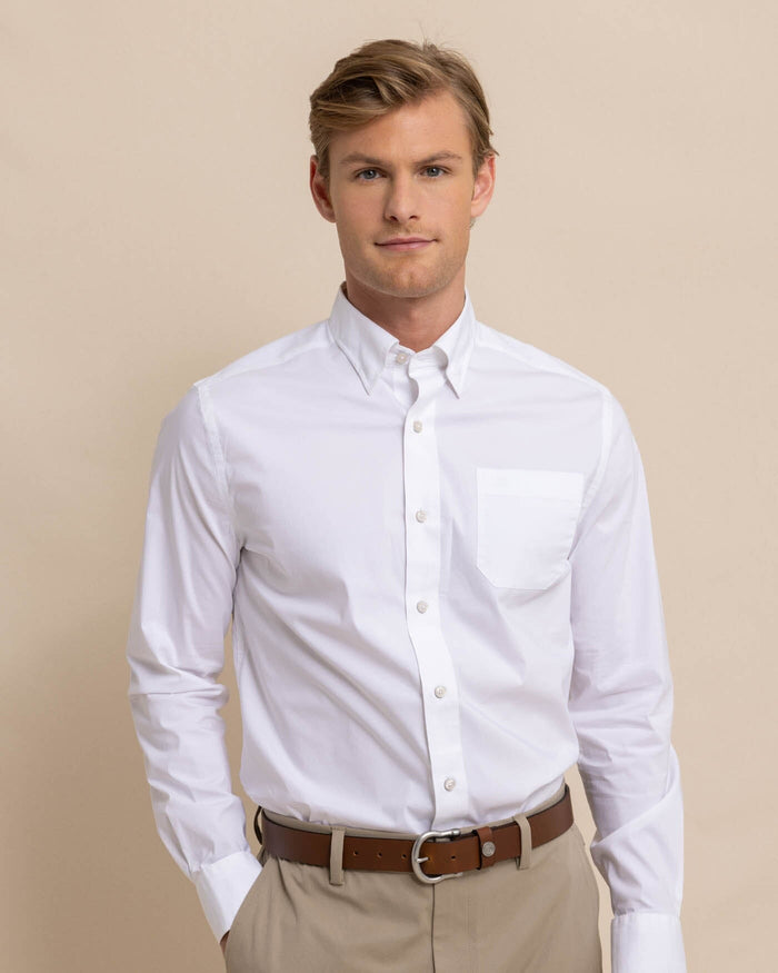 The front view of the Southern Tide Charleston Overbrook Solid Embroidered Sport Shirt by Southern Tide - Classic White