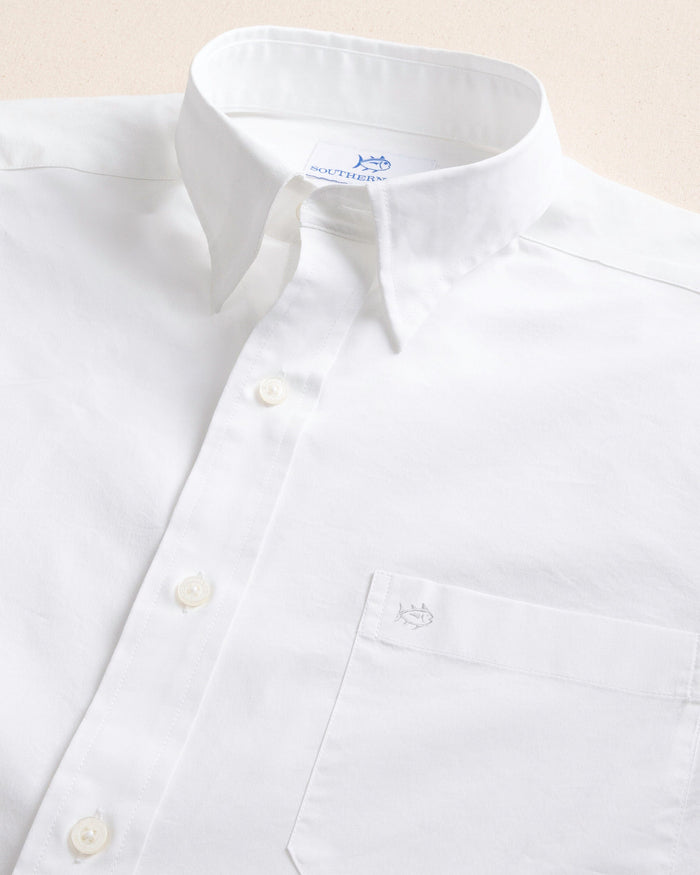 The detail view of the Southern Tide Charleston Overbrook Solid Embroidered Sport Shirt by Southern Tide - Classic White