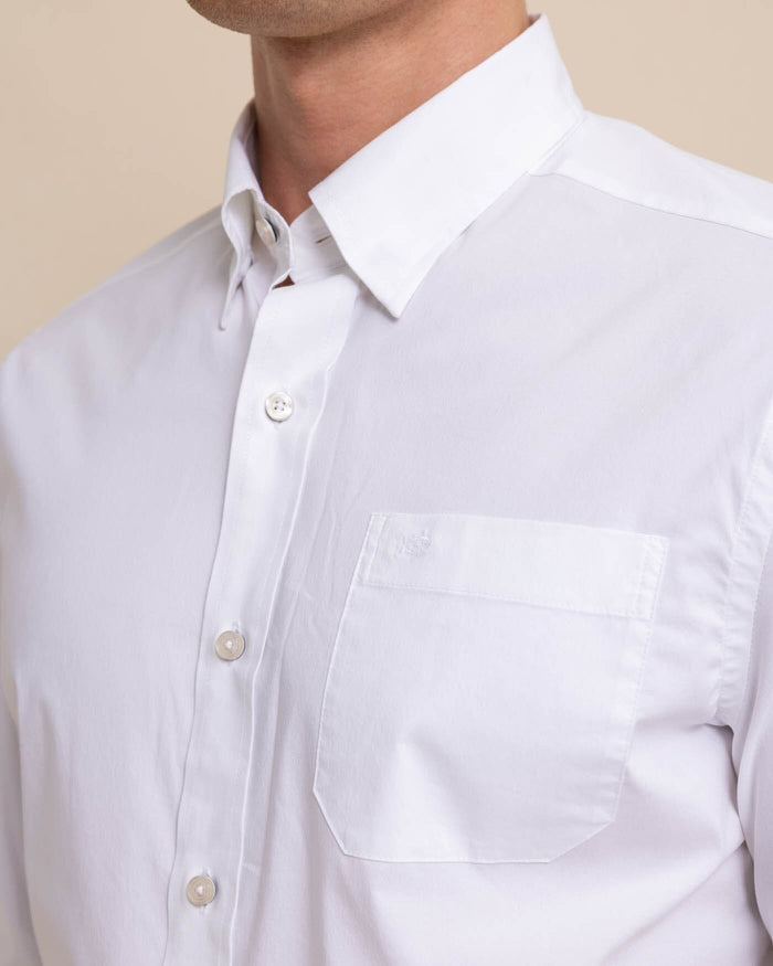 The detail view of the Southern Tide Charleston Overbrook Solid Embroidered Sport Shirt by Southern Tide - Classic White
