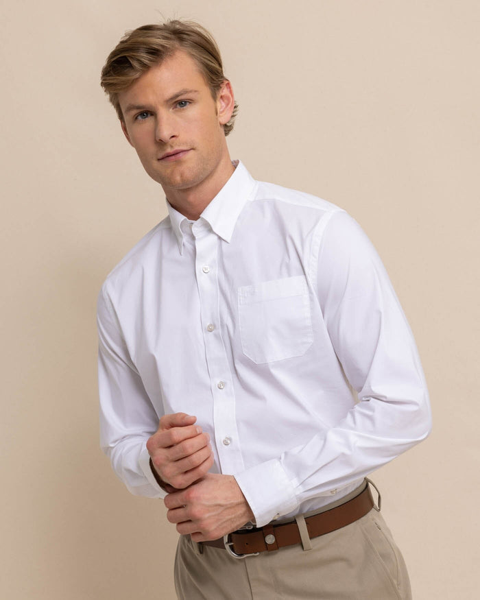 The front view of the Southern Tide Charleston Overbrook Solid Embroidered Sport Shirt by Southern Tide - Classic White