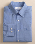 The front view of the Southern Tide Charleston Parkwood Micro-gingham Embroidered Sport Shirt by Southern Tide - Cobalt Blue