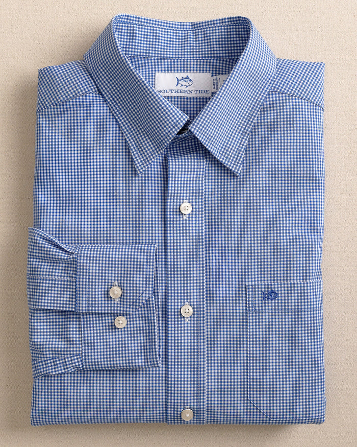 The front view of the Southern Tide Charleston Parkwood Micro-gingham Embroidered Sport Shirt by Southern Tide - Cobalt Blue