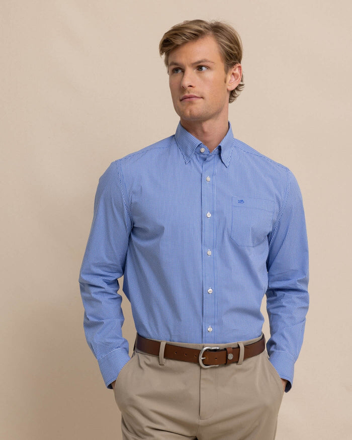The front view of the Southern Tide Charleston Parkwood Micro-gingham Embroidered Sport Shirt by Southern Tide - Cobalt Blue