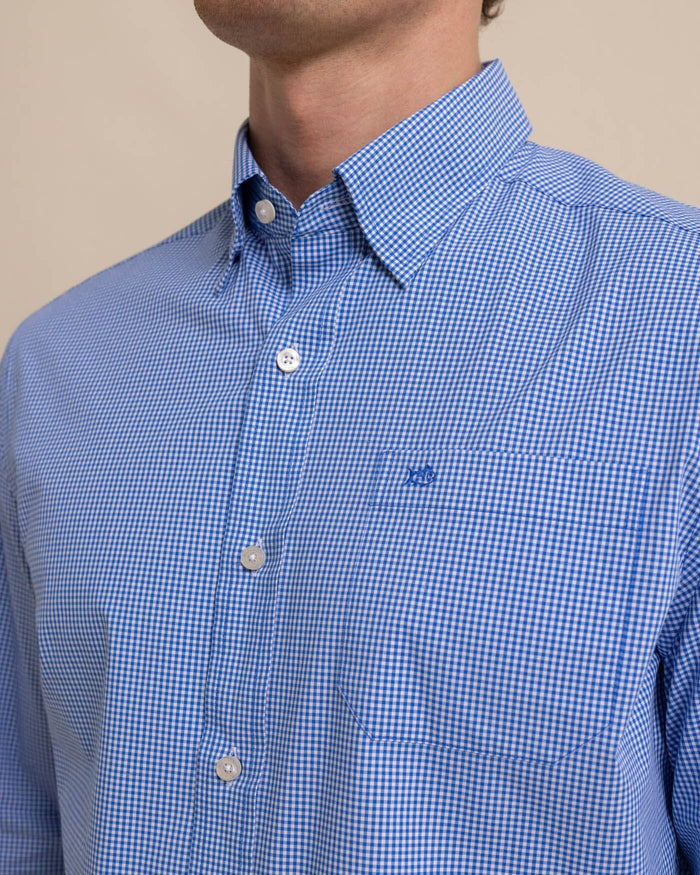 The detail view of the Southern Tide Charleston Parkwood Micro-gingham Embroidered Sport Shirt by Southern Tide - Cobalt Blue