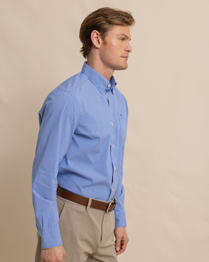 The front view of the Southern Tide Charleston Parkwood Micro-gingham Embroidered Sport Shirt by Southern Tide - Cobalt Blue