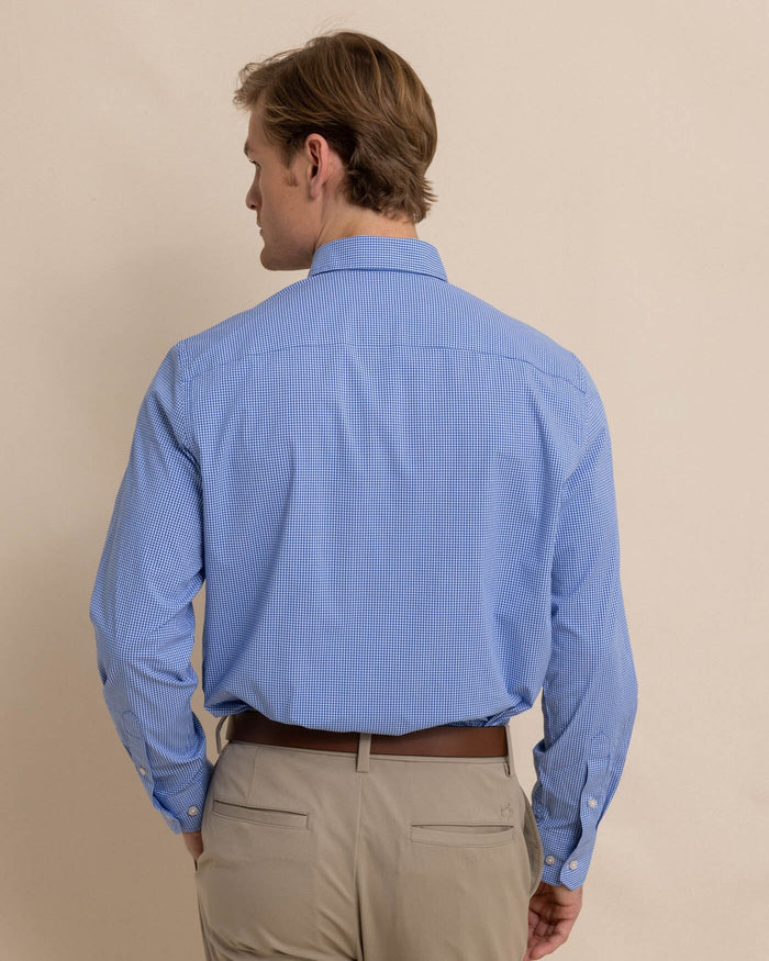 The back view of the Southern Tide Charleston Parkwood Micro-gingham Embroidered Sport Shirt by Southern Tide - Cobalt Blue