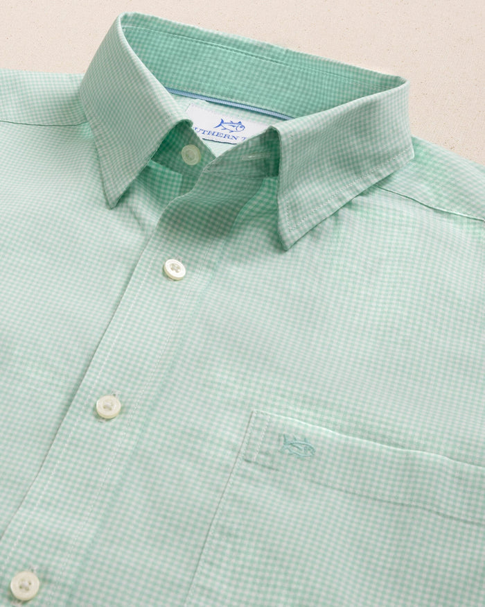 The detail view of the Southern Tide Charleston Parkwood Microgingham Long Sleeve Sport Shirt by Southern Tide - Garden Grove