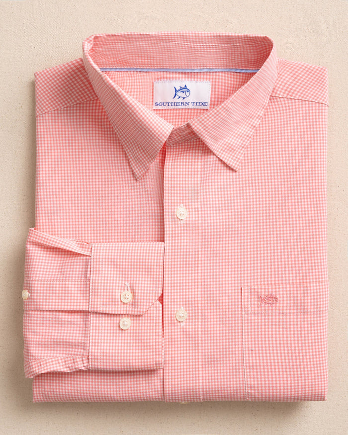 The front view of the Southern Tide Charleston Parkwood Microgingham Long Sleeve Sport Shirt by Southern Tide - Sunkist Coral