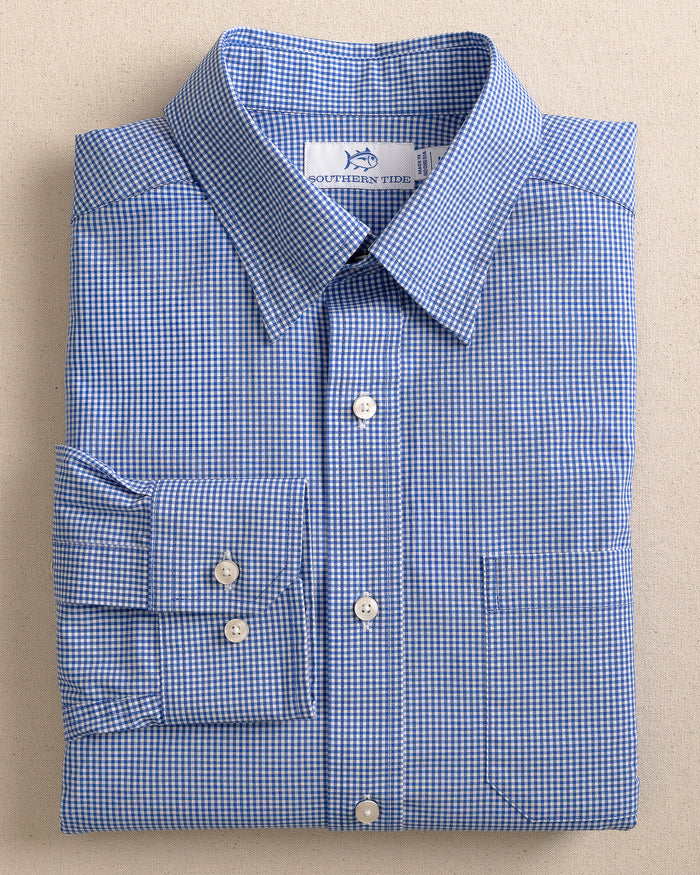 The front view of the Southern Tide Charleston Parkwood Microgingham Long Sleeve Sport Shirt by Southern Tide - Cobalt Blue
