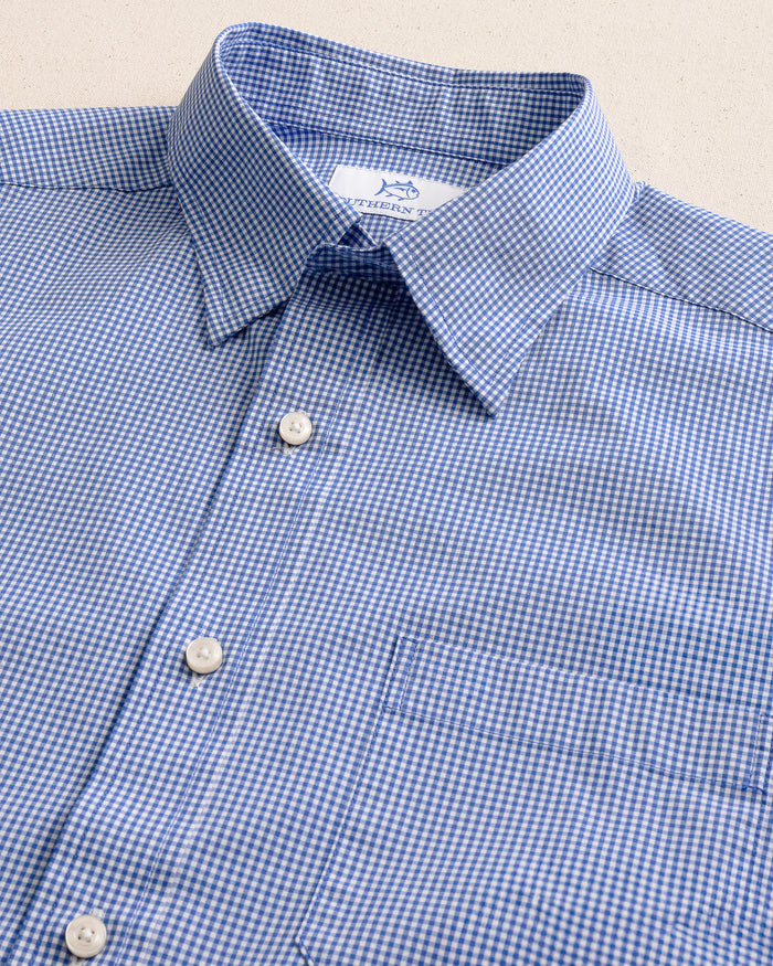 The detail view of the Southern Tide Charleston Parkwood Microgingham Long Sleeve Sport Shirt by Southern Tide - Cobalt Blue