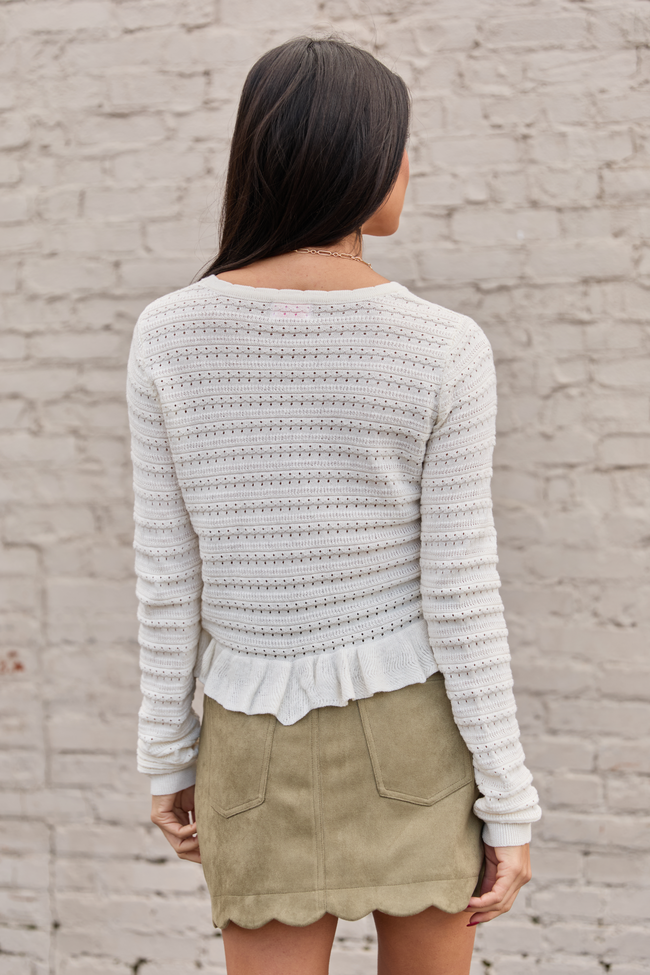 Charlotte Ivory Open Knit Ruffle Trim Sweater FINAL SALE