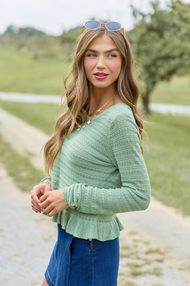 Charlotte Sage Open Knit Ruffle Trim Sweater