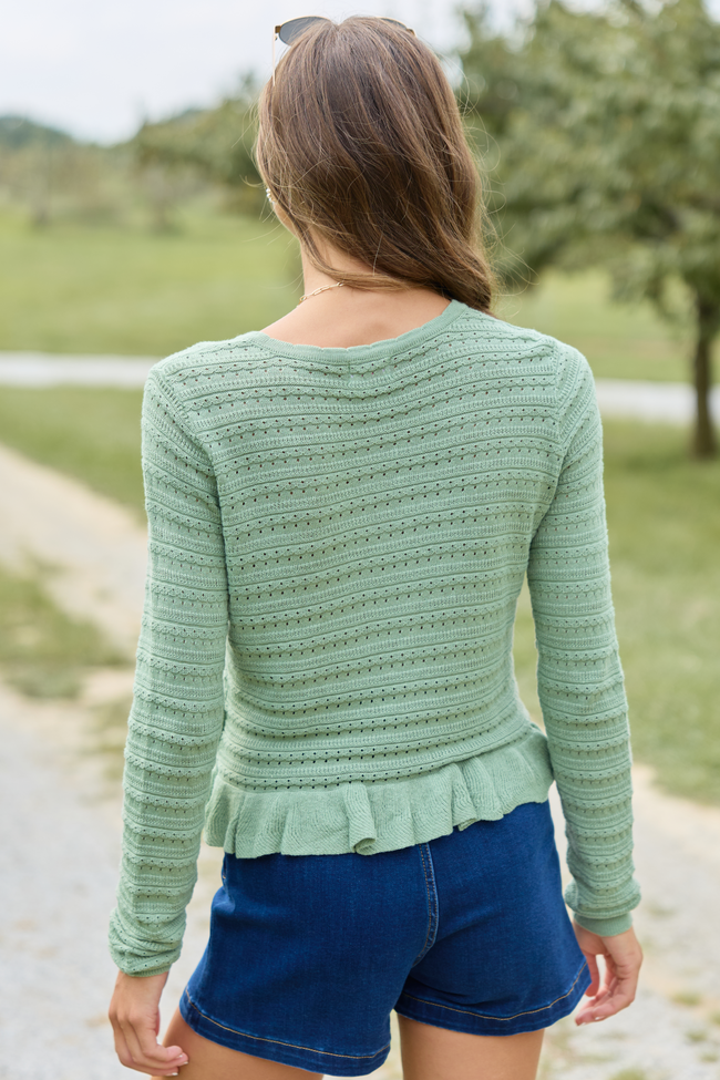 Charlotte Sage Open Knit Ruffle Trim Sweater