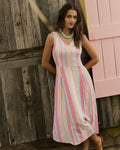 The lifestyle view of the Southern Tide Charmaine Gored Midi Dress by Southern Tide - Island Pink
