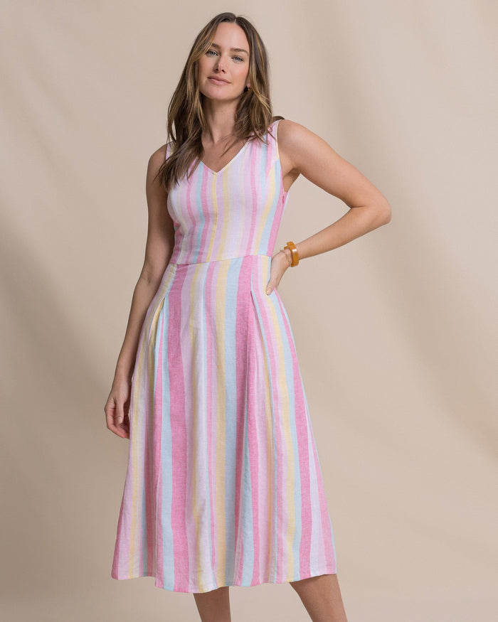 The front view of the Southern Tide Charmaine Gored Midi Dress by Southern Tide - Island Pink
