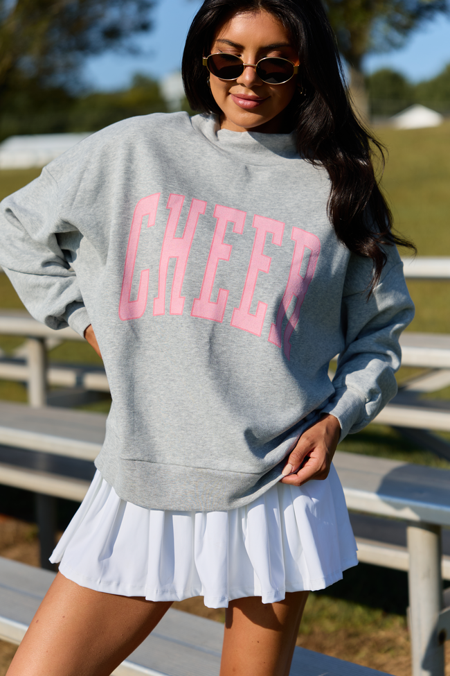 Cheer Block Light Grey Graphic Mock Neck Sweatshirt