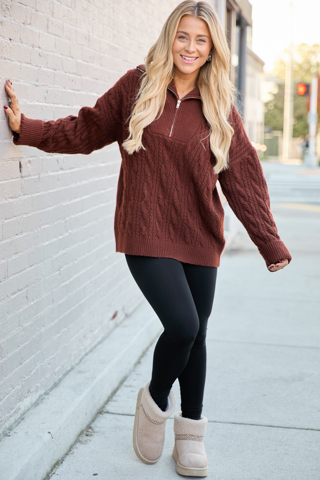 Chismer Brown Cable Knit Zip Up Sweater FINAL SALE