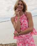 The lifestyle view of the Southern Tide Chrissy Tie Shoulder Printed Top by Southern Tide - Fandango Pink