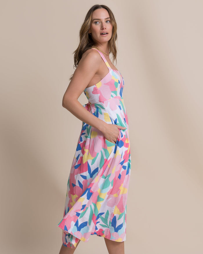 The side view of the Southern Tide Cinzia Printed Cross Strap Dress by Southern Tide - Classic White
