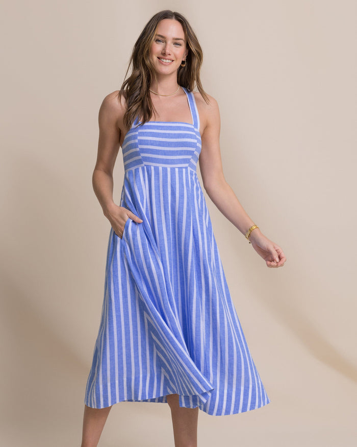 The front view of the Southern Tide Cinzia Striped Cross Strap Dress by Southern Tide - Blue Stream