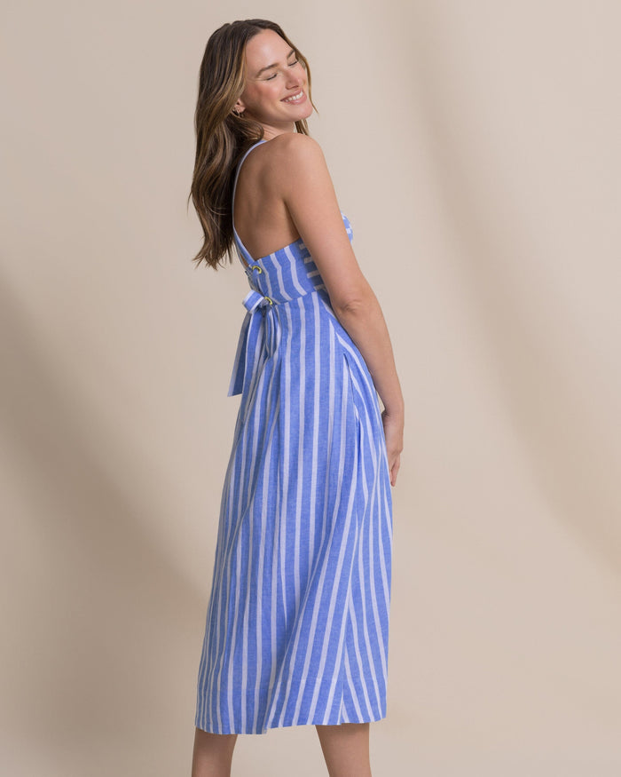 The side view of the Southern Tide Cinzia Striped Cross Strap Dress by Southern Tide - Blue Stream