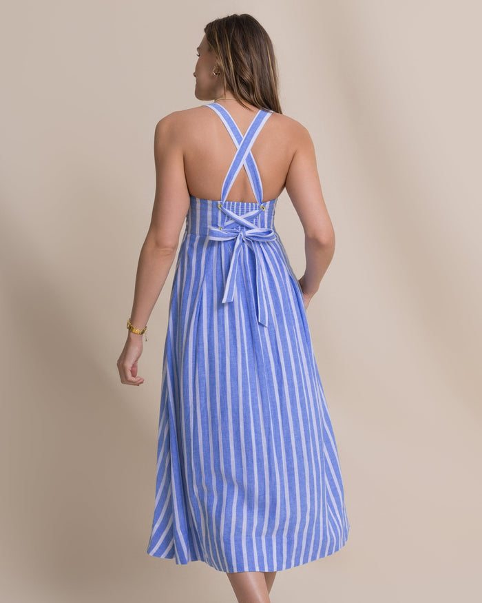 The back view of the Southern Tide Cinzia Striped Cross Strap Dress by Southern Tide - Blue Stream