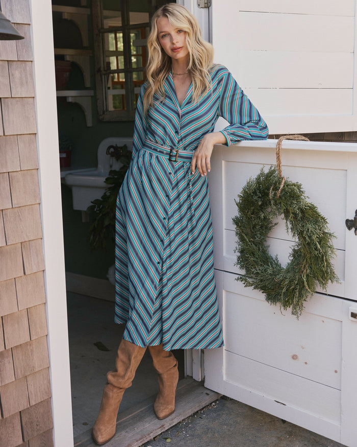 The lifestyle view of the Southern Tide Clarissa Stripe Maxi Dress by Southern Tide - Dress Blue
