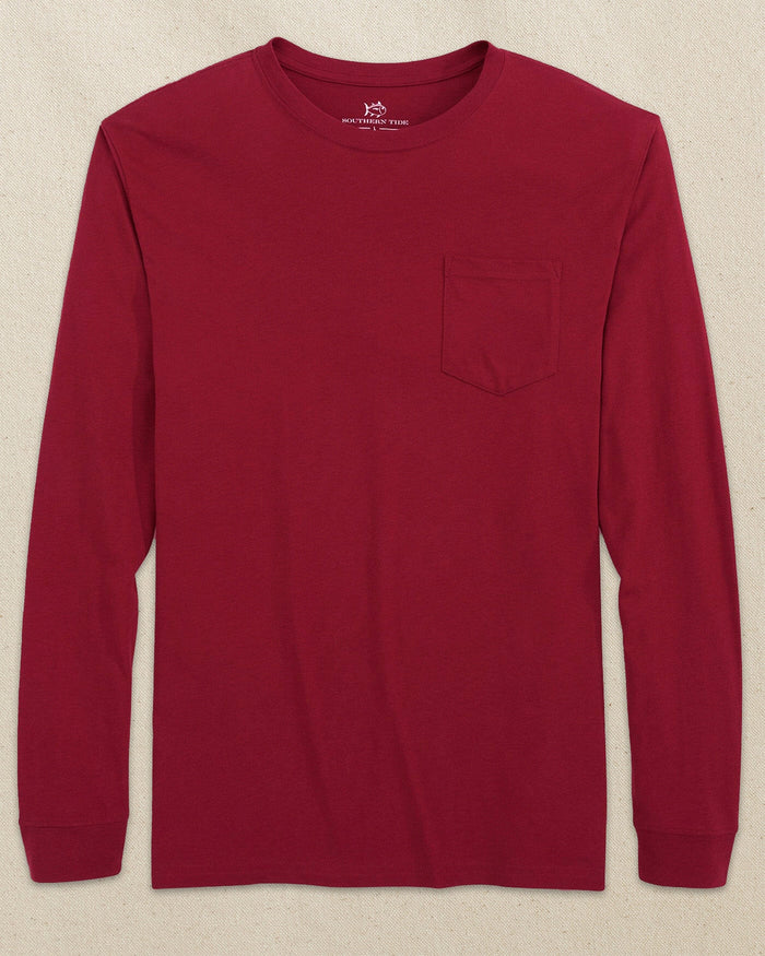 The front view of the Southern Tide Classic Long Sleeve Pocket T-Shirt in Crimson by Southern Tide - Crimson