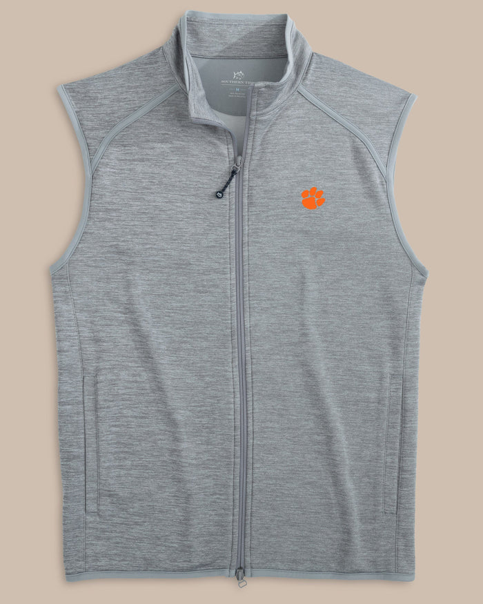The front view of the Clemson Tigers Baybrook Heather Vest by Southern Tide - Heather Ultimate Grey