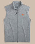 The front view of the Clemson Tigers Baybrook Heather Vest by Southern Tide - Heather Ultimate Grey
