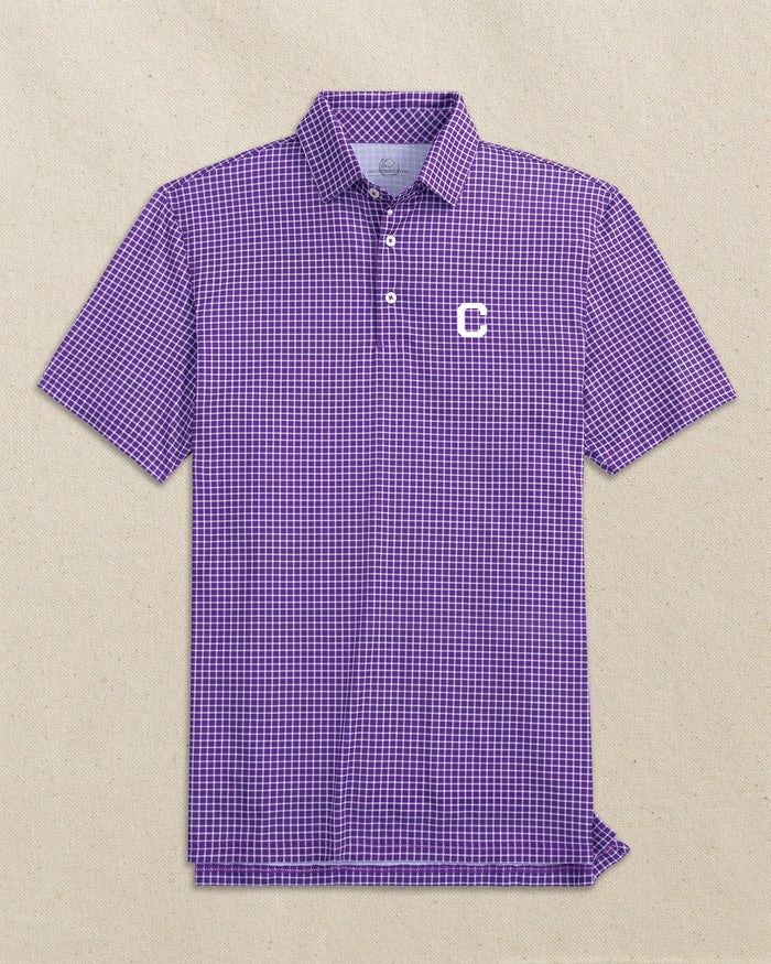The front view of the Southern Tide Clemson Tigers Block C Driver Dunes Edge Plaid Polo by Southern Tide - Regal Purple