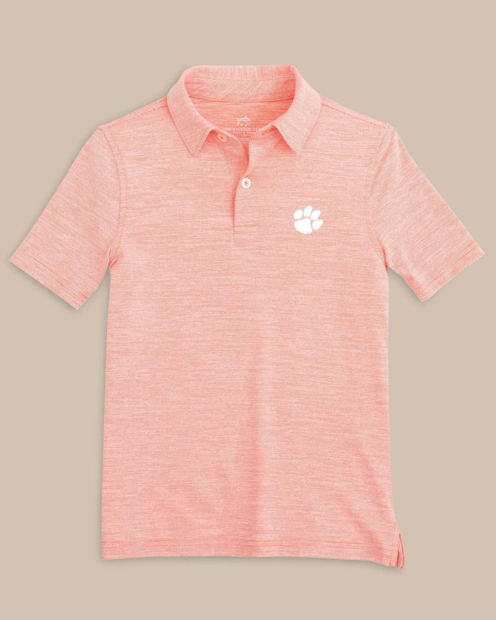 The front view of the Clemson Tigers Boys Driver Spacedye Performance Polo Shirt by Southern Tide - Endzone Orange