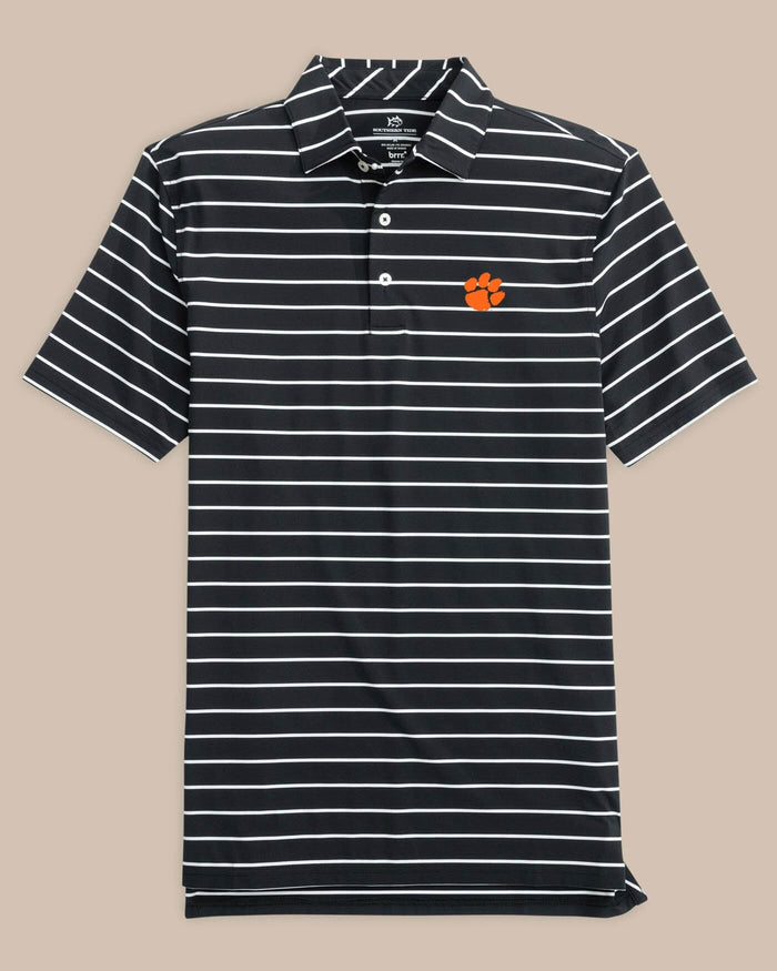 The front view of the Southern Tide Clemson Tigers brrr°®-eeze Desmond Stripe Polo by Southern Tide - Black
